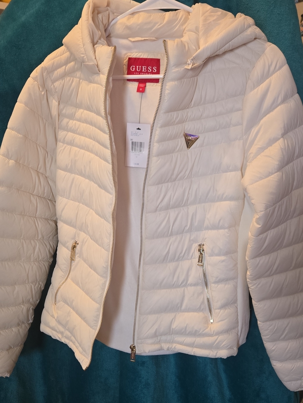 NWT GUESS Cream Quilted Hooded Puffer with Gold Hardware